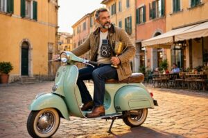 Home 9 Genera un immagine di una vespa storica guidata da un fotogr